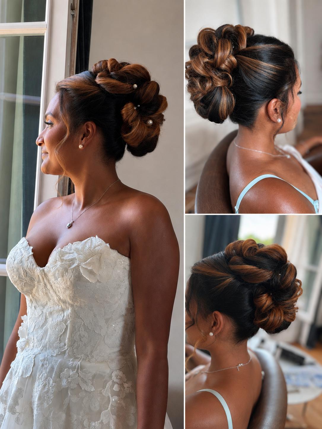 Collage de chignons tressés et bouclés ornés de perles, réalisations coiffure mariage par Gaëlle Bresson à Bergerac